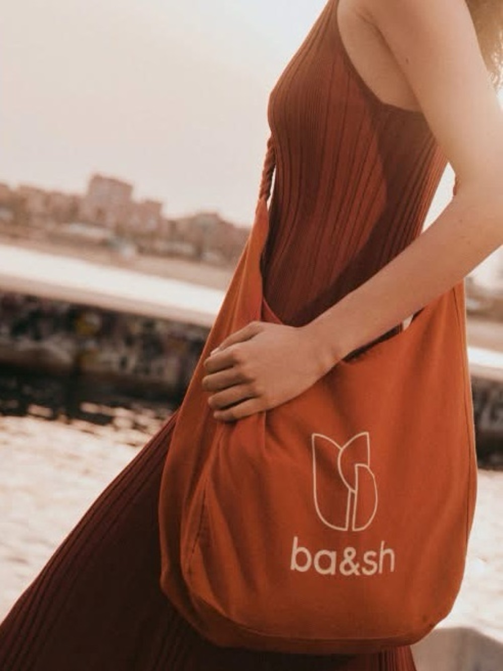 NWOT Ba&sh 100% Recycled Cotton Hobo Shoulder Logo Tote Bag, Terracotta Orange